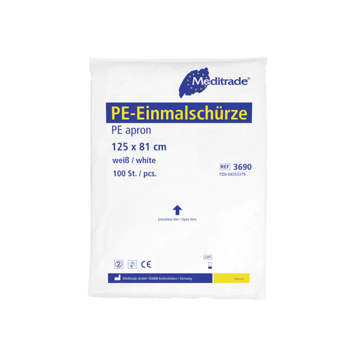 Pe-Einmal-Schuerzen 125cm Geblockt Weiss 100 St Meditrade bei onfy.de kaufen 04353379
