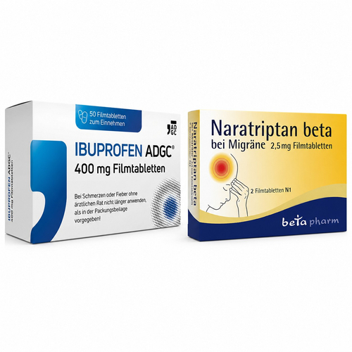 Naratriptan Beta bei Migräne 2.5 mg Filmtabletten + Ibuprofen Adgc 400 mg Filmtabletten bei onfy.de kaufen 2000000000091