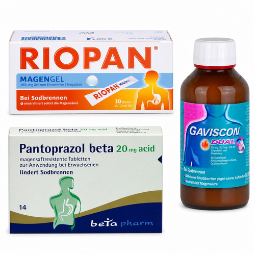 Gaviscon Dual 300 ml + Pantoprazol Beta 20 mg 14 St + Riopan Magen-Gel 10x10 ml bei onfy.de kaufen 02000000000503