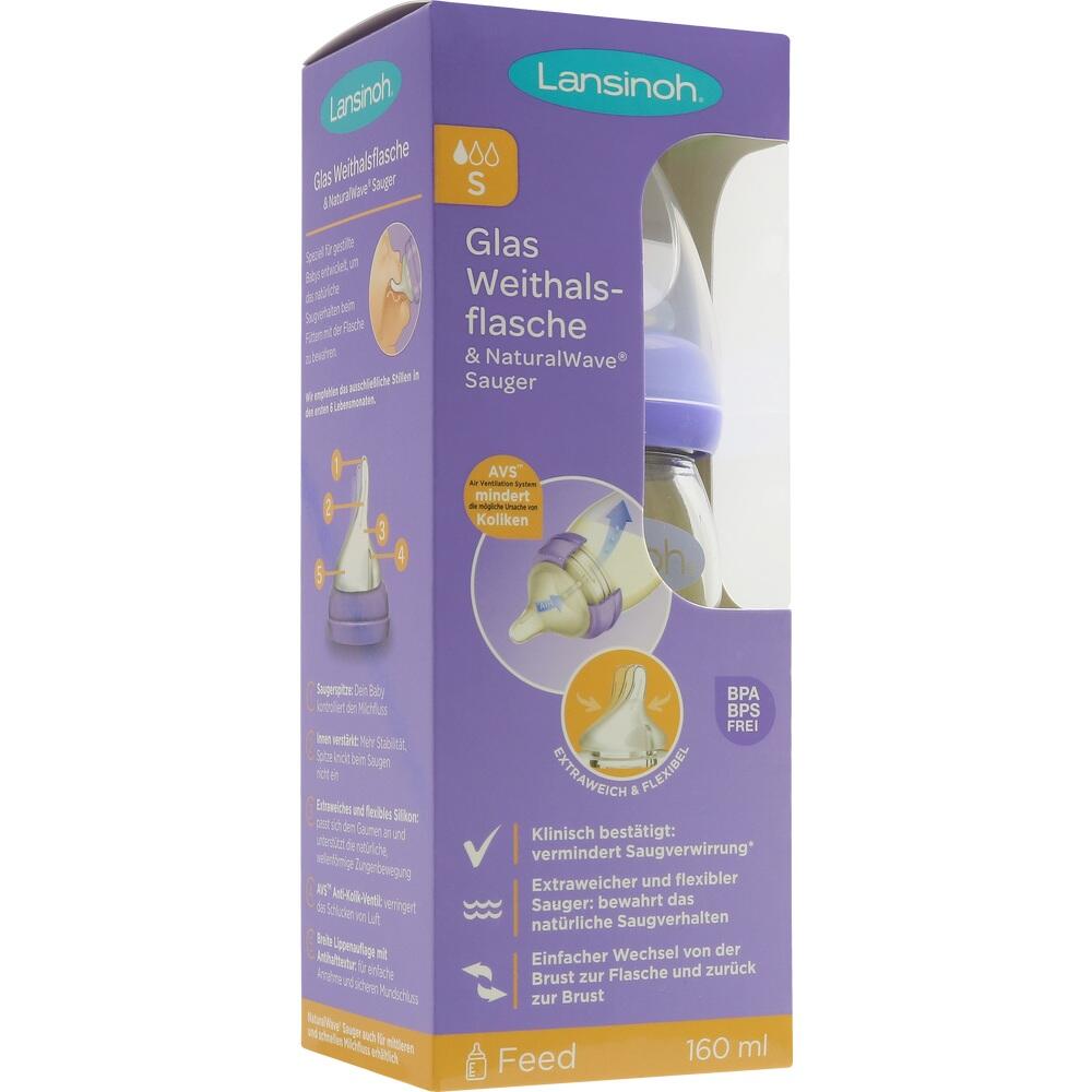 Lansinoh Glas Weithalsflasche 160ml mit Sauger S null